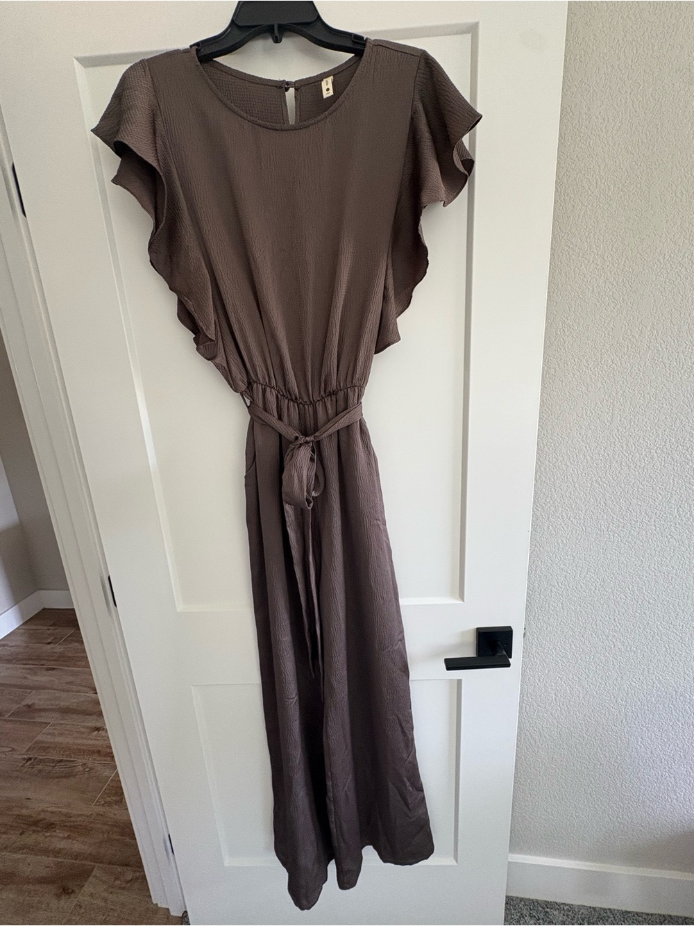 Tyche Brown Flutter Sleeve Maxi Dress with Tie Waist